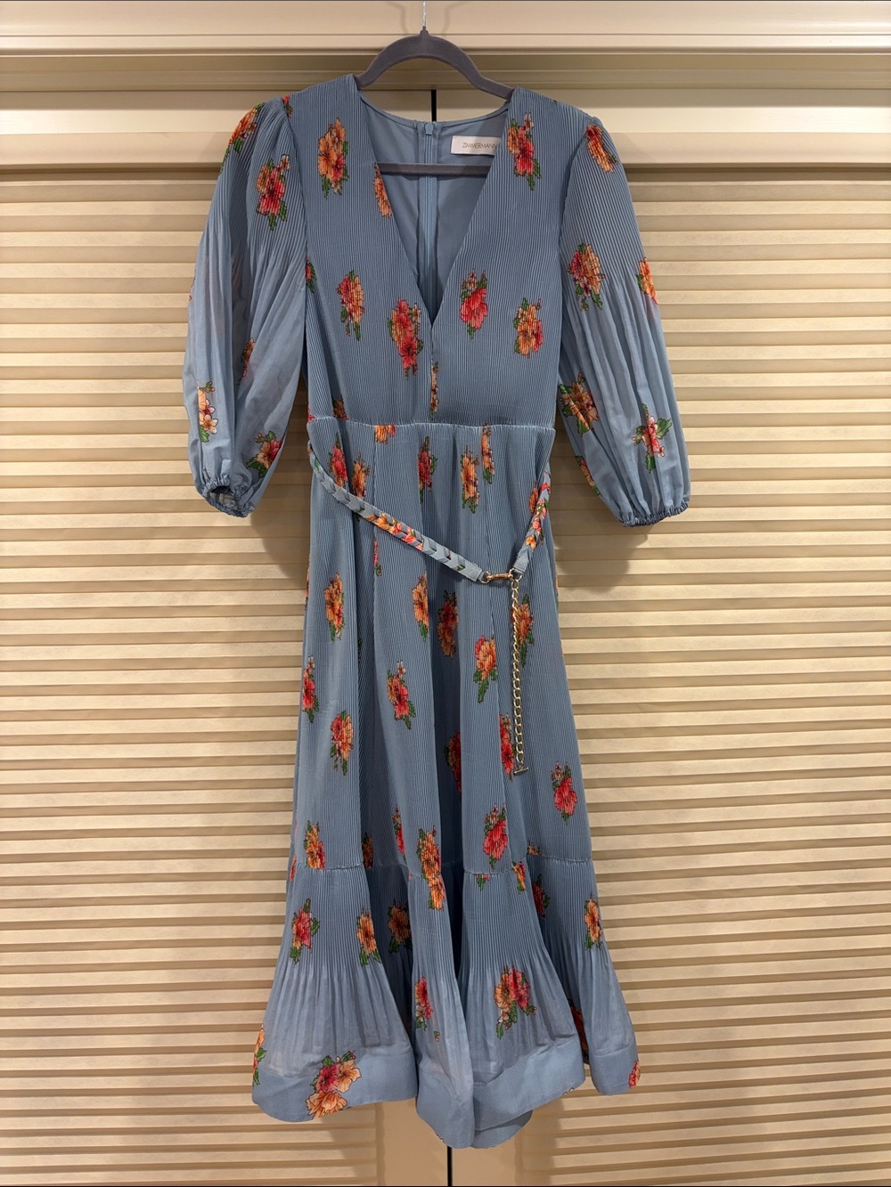 NWOT Zimmermann Powder Blue Floral Midi Dress with Belt, Size AU 2 = M